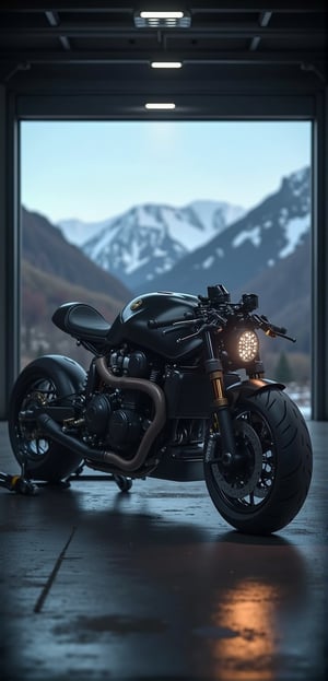 In a cinematic shot, a meticulously crafted cafe racer motorcycle stands proudly in a dimly lit garage, bathed in aesthetically pleasing lighting. The bike's black matte finish is flawless, showcasing intricate clubman bars and precisely detailed components. In the background, a serene snow-capped mountain range stretches towards the sky, adding depth to the composition. The motorcycle itself appears life-like, with perfectly rendered tires and suspension, as if it could roar to life at any moment. The image is a masterpiece of realism, achieving an uncanny level of detail in both the bike and its surroundings, with resolutions ranging from 32K to 4K.