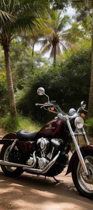 A majestic Indian woman, donning vintage classic aviator sunglasses, commands attention as she majestically rides a weathered motorcycle amidst lush tropical foliage. Chrome accents on the bike glimmer warmly under sunlight, casting subtle shadows on rich soil. Dense exotic plants and trees stretch upwards, their leaves rustling softly in gentle breeze. The scene is so detailed it appears 3D, inviting touch to leather seat or intricate forest textures. Captured by Sony A7 IV.