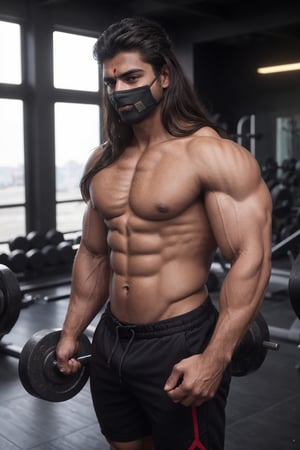 Indian man with a balck mask on his face in a gym, long thick hair , fit physique, aesthetic body , lean and aaesthetic , aesthetic build, fitness model, perfect muscle structure, exaggerated muscle physique, strong masculine features, aesthetic build, strong and aesthetic, 6 pack, ripped, bulging muscles, defined muscles, prefect body, strong body