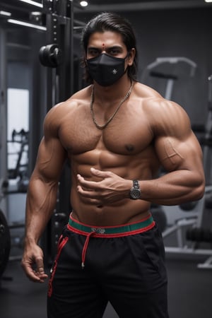 Indian man with a balck mask on his face in a gym, long thick hair , aesthetic lean body , perfect body, sexy aesthetic pose  , perfect black mask , perfect hand , perfect finger, full body