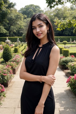 beautiful indian woman as model standing in rose garden,  rose ,garden,realistic image ,life like image  Style with a sleeveless black blouse and minimal dimond jewelry for a fresh and elegant appearance,looking into camera,cute smile,black hair,black eyes