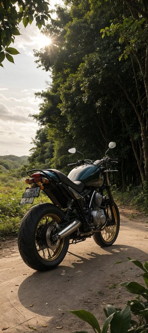 A cinematic masterpiece: a classic motorcycle stands majestically amidst the lush, vibrant foliage of a tropical forest, bathed in the warm, golden hues of a stunning sunset. The camera captures this breathtaking scene from a dramatic Dutch angle, emphasizing the bike's sleek lines and the surrounding jungle's intricate details. In the 32k resolution, every leaf, branch, and rivet is meticulously rendered, as if transported to life-sized reality.