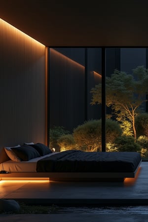 a modern home with clean look ,night lighting  , japanese low bed with black bed sheet   
  ,modern design, detailed night lighting in background , detailed glass wall and plants  in background,noc-futuristic,