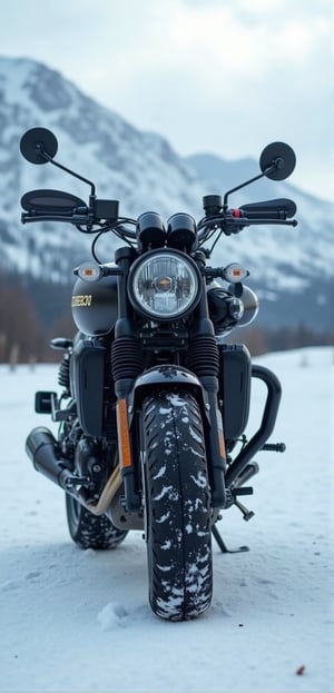 detailed clubman bars  motorcycle, detailed black matt finish , life like image , 32k,16k,8k,4k, detailed snow mountain in background , motorcycle standing on snow , perfect motorcycle , detailed tire , perfect suspansion , extremely detailed life like image