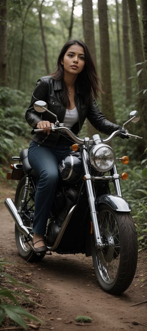 beautiful indian woman riding A vintage classic motorcycle  majestically amidst a lush tropical forest, detailed classic aviator sunglasses, with precise attention to detail. The bike's chrome accents glimmer under the warm sunlight, casting subtle shadows on the rich soil. In the background, the dense foliage of exotic plants and trees stretches upwards, their leaves rustling softly in the gentle breeze. The image is so detailed it appears 3D, as if you could reach out and touch the motorcycle's leather seat or the forest's intricate textures, image captured by Sony A7 IV 