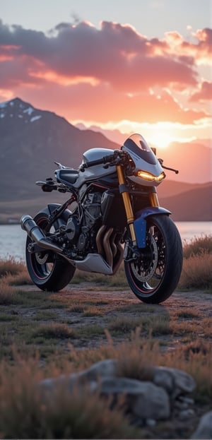 Here is a prompt for an AI art generator based on your input:

A majestic superbike, positioned at a dramatic Dutch angle, dominates the foreground against a mountain backdrop as sunset's warm pinkish glow bathes the scene. The camera frames the motorcycle in mid-air, with long shadows cast across the terrain. In the distance, waves gently undulate towards the shore, their movement mirrored by reddish clouds ablaze across the sky. The superbike's metallic sheen radiates in the fading light, accentuating its precision engineering amidst a tranquil landscape of rolling hills and distant mountains.,[FLUX]Mecha Bikers