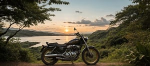 A cinematic masterpiece: a classic motorcycle stands majestically amidst the lush, vibrant foliage of a tropical forest, bathed in the warm, golden hues of a stunning sunset. The camera captures this breathtaking scene from a dramatic Dutch angle, emphasizing the bike's sleek lines and the surrounding jungle's intricate details. In the 32k resolution, every leaf, branch, and rivet is meticulously rendered, as if transported to life-sized reality.