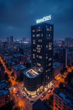 a modern home with clean look ,night lighting  , wayne's panthouse, wayn logo on top of building
  ,modern design, detailed wayne's panthouse , dynamic view image ,noc-futuristic,street,city,F06ArchiAI