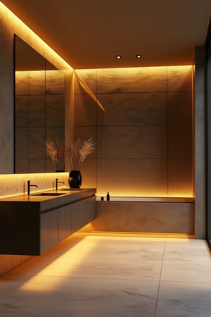 a modern home with clean look ,neon  lighting  , morden bathroom with mirror
  ,modern design, detailed golden 
 lighting in background , detailed stone wall  in background,
futuristic
