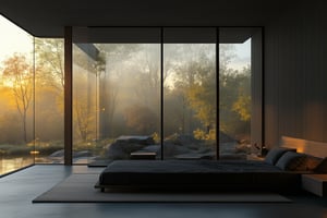 a modern home with clean look ,morning lighting  , japanese low bed with black bed sheet   
  ,modern design, detailed morning lighting in background, front view image  , detailed glass wall and plants  in background,noc-futuristic