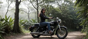 beautiful indian woman riding A vintage classic motorcycle  majestically amidst a lush tropical forest, detailed classic aviator sunglasses, with precise attention to detail. The bike's chrome accents glimmer under the warm sunlight, casting subtle shadows on the rich soil. In the background, the dense foliage of exotic plants and trees stretches upwards, their leaves rustling softly in the gentle breeze. The image is so detailed it appears 3D, as if you could reach out and touch the motorcycle's leather seat or the forest's intricate textures, image captured by Sony A7 IV 