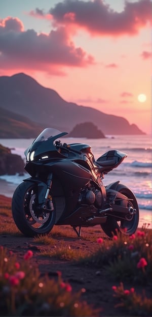 Here is a prompt for an AI art generator based on your input:

A majestic superbike, positioned at a dramatic Dutch angle, dominates the foreground against a mountain backdrop as sunset's warm pinkish glow bathes the scene. The camera frames the motorcycle in mid-air, with long shadows cast across the terrain. In the distance, waves gently undulate towards the shore, their movement mirrored by reddish clouds ablaze across the sky. The superbike's metallic sheen radiates in the fading light, accentuating its precision engineering amidst a tranquil landscape of rolling hills and distant mountains.