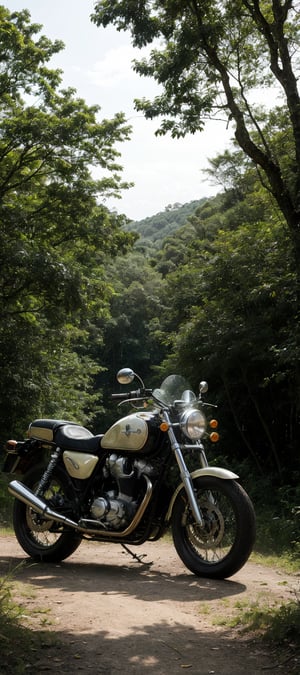 In a cinematic Dutch angle view, a vintage classic motorcycle stands majestically amidst the lush, vibrant foliage of a tropical forest at sunset. The warm golden light casts long shadows across the textured leaves and trunks, while the bike's sleek chrome and rich leather accents seem to glow in harmony with the fading day. In the background, the dense forest stretches towards the horizon, its intricate details visible even at 32k resolution.