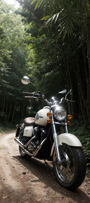 A vintage classic motorcycle stands majestically amidst a lush tropical forest, with precise attention to detail. The bike's chrome accents glimmer under the warm sunlight, casting subtle shadows on the rich soil. In the background, the dense foliage of exotic plants and trees stretches upwards, their leaves rustling softly in the gentle breeze. The image is so detailed it appears 3D, as if you could reach out and touch the motorcycle's leather seat or the forest's intricate textures.