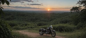 A breathtakingly realistic image of a classic motorcycle standing majestically amidst the lush canopy of a tropical forest at sunset. The golden light casts long shadows across the lush greenery, with leaves and vines expertly rendered in 32k detail. From a dramatic Dutch angle view, the camera captures the perfect harmony between man-made machinery and nature's splendor. In the background, the detailed tropical forest stretches out to infinity, its vibrant colors popping against the warm glow of sunset.