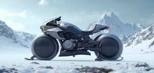 detailed futuriestic futuristic motorcycle, detailed matt finish , life like image , 32k,16k,8k,4k, detailed snow mountain in background , motorcycle standing on snow , perfect motorcycle , 