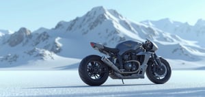 detailed futuriestic futuristic motorcycle, detailed matt finish , life like image , 32k,16k,8k,4k, detailed snow mountain in background , motorcycle standing on snow , perfect motorcycle , detailed tire , perfect suspansion , extremely detailed life like image