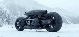 detailed futuristic low shoulder motorcycle, detailed black matt finish , life like image , 32k,16k,8k,4k, detailed snow mountain in background , motorcycle standing on snow , perfect motorcycle , detailed tire , perfect suspansion , extremely detailed life like image