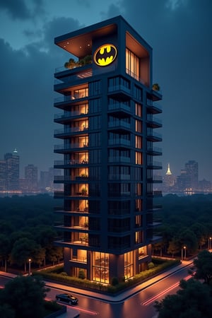 a modern home with clean look ,night lighting  , batman panthouse, batman logo on top of building
  ,modern design, detailed batman panthouse , dynamic view image ,noc-futuristic,street,city,F31ArchiAI,FuturEvoLabScene