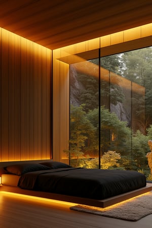 a modern home with clean look ,golden  lighting  , japanese low bed with black bed sheet   
  ,modern design, detailed golden 
 lighting in background , detailed glass wall and plants  in background,noc-futuristic,