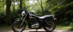 A breathtakingly realistic image of a motorbike standing majestically amidst the lush canopy of a dense tropical forest. The frame is filled with the vibrant greenery, with sunlight filtering through the leaves, casting dappled shadows on the forest floor. In the foreground, the sleek motorbike stands upright, its chrome accents gleaming in perfect harmony with the warm tropical light. The 32K resolution ensures every leaf and every rivet is rendered in meticulous detail, transporting the viewer to a serene and idyllic scene.