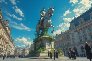 Captured at eye-level on a sunny day, a statue of a man seated atop a horse-like structure. The horse-shaped structure is adorned with green ivy, adding a touch of nature to the scene. The statue, positioned in the center of the frame, is a stark contrast of white and gray, while the building on the left and right are adorned with ornate architecture. The sky is a deep blue, dotted with a few white clouds. A group of people, dressed in dark clothing, stand in front of the statue,Midjourneyart