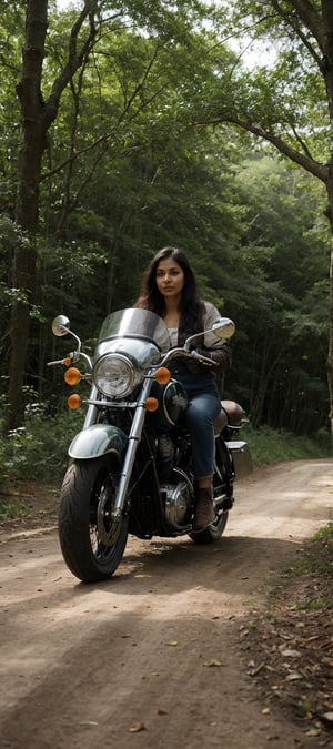 beautiful indian woman riding A vintage classic motorcycle  majestically amidst a lush tropical forest, with precise attention to detail. The bike's chrome accents glimmer under the warm sunlight, casting subtle shadows on the rich soil. In the background, the dense foliage of exotic plants and trees stretches upwards, their leaves rustling softly in the gentle breeze. The image is so detailed it appears 3D, as if you could reach out and touch the motorcycle's leather seat or the forest's intricate textures.