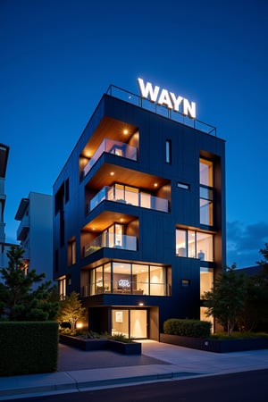 a modern home with clean look ,night lighting  , wayn's panthouse, wayn logo on top of building
  ,modern design, detailed wayn's panthouse , dynamic view image ,noc-futuristic,street,city,F06ArchiAI