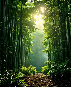 a lush bamboo forest, serene bamboo trees, detailed bamboo stalks and leaves, natural sunlight filtering through the bamboo, peaceful forest atmosphere, tranquil landscape, high quality, 8k, photorealistic, professional photography, vivid colors, warm lighting, cinematic composition, beautiful natural scenery