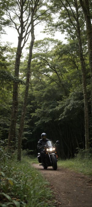 A super motorcycle stands majestically amidst a lush and vibrant tropical forest. The camera frames the shot with a slight overhead angle, capturing the bike's sleek design and imposing stance. Soft, warm lighting bathes the scene, with dappled sunlight filtering through the dense foliage in the background. The 32K resolution ensures every detail is meticulously rendered, from the motorcycle's gleaming metal to the intricate textures of the forest floor. In the foreground, a few scattered leaves and twigs create a sense of depth, while the distant trees stretch towards the sky like giant sentinels. The overall effect is one of breathtaking realism, as if the viewer could step into this idyllic scene.