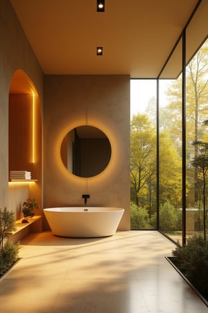 a modern home with clean look ,golden  lighting  , morden bathroom with mirror
  ,modern design, detailed golden 
 lighting in background , detailed glass wall and plants  in background,
futuristic
