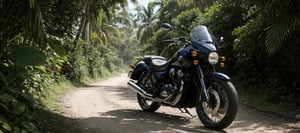 Against a lush, vibrant backdrop of a tropical forest, a sleek and iconic classic motorcycle stands majestically, its chrome accents glinting in the warm light. The camera captures this striking scene from a Dutch angle, emphasizing the curves of the bike as it appears to emerge organically from the dense foliage. With meticulous attention to detail, the 32K resolution renders every leaf, branch, and flower with lifelike realism, transporting the viewer into the heart of the tropical paradise.