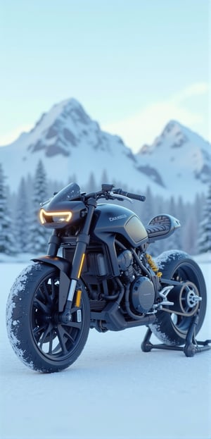 detailed futuriestic futuristic motorcycle, detailed matt finish , life like image , 32k,16k,8k,4k, detailed snow mountain in background , motorcycle standing on snow , perfect motorcycle , 