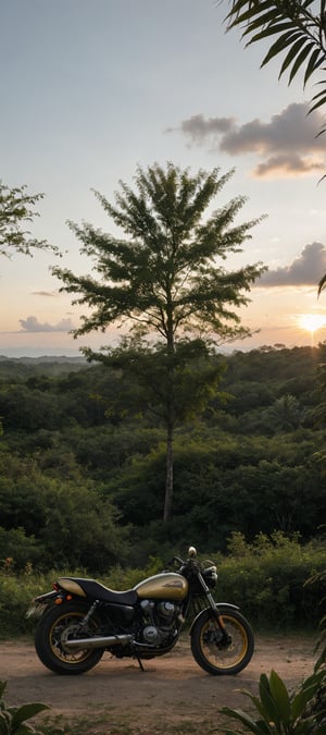 A breathtakingly realistic image of a classic motorcycle standing majestically amidst the lush canopy of a tropical forest at sunset. The golden light casts long shadows across the lush greenery, with leaves and vines expertly rendered in 32k detail. From a dramatic Dutch angle view, the camera captures the perfect harmony between man-made machinery and nature's splendor. In the background, the detailed tropical forest stretches out to infinity, its vibrant colors popping against the warm glow of sunset.