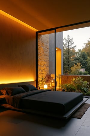 a modern home with clean look ,golden  lighting  , japanese low bed with black bed sheet   
  ,modern design, detailed golden 
 lighting in background , detailed glass wall and plants  in background,noc-futuristic,08ArchiAI