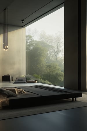 a modern home with clean look ,morning lighting  , japanese low bed with black bed sheet   
  ,modern design, detailed morning lighting in background , detailed glass wall and plants  in background,noc-futuristic,casting shadows style