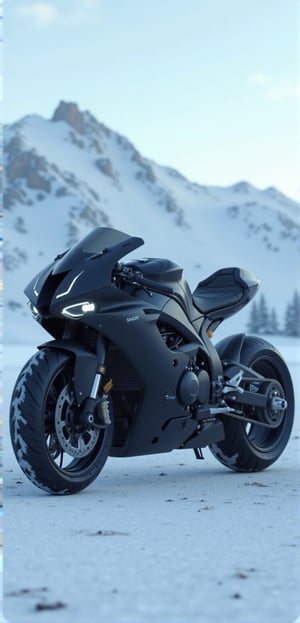 detailed futuristic low shoulder motorcycle, detailed black matt finish , life like image , 32k,16k,8k,4k, detailed snow mountain in background , motorcycle standing on snow , perfect motorcycle , detailed tire , perfect suspansion , extremely detailed life like image