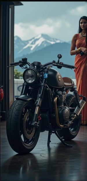 In a cinematic shot, a meticulously crafted cafe racer motorcycle stands proudly in a dimly lit garage and woman in saree in background, bathed in aesthetically pleasing lighting. The bike's black matte finish is flawless, showcasing intricate clubman bars and precisely detailed components. In the background, a serene snow-capped mountain range stretches towards the sky, adding depth to the composition. The motorcycle itself appears life-like, with perfectly rendered tires and suspension, as if it could roar to life at any moment. The image is a masterpiece of realism, achieving an uncanny level of detail in both the bike and its surroundings, with resolutions ranging from 32K to 4K.,desilatte