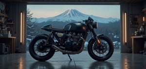 In a cinematic shot, a meticulously crafted cafe racer motorcycle stands proudly in a dimly lit garage, bathed in aesthetically pleasing lighting. The bike's black matte finish is flawless, showcasing intricate clubman bars and precisely detailed components. In the background, a serene snow-capped mountain range stretches towards the sky, adding depth to the composition. The motorcycle itself appears life-like, with perfectly rendered tires and suspension, as if it could roar to life at any moment. The image is a masterpiece of realism, achieving an uncanny level of detail in both the bike and its surroundings, with resolutions ranging from 32K to 4K.