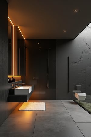 a modern home with clean look , grey neon  lighting  , morden bathroom with mirror
  ,modern design, detailed golden 
 lighting in background , detailed black stone wall  in background,
futuristic
