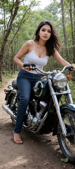 beautiful indian woman riding A vintage classic motorcycle  majestically amidst a lush tropical forest, detailed classic aviator sunglasses, with precise attention to detail. The bike's chrome accents glimmer under the warm sunlight, casting subtle shadows on the rich soil. In the background, the dense foliage of exotic plants and trees stretches upwards, their leaves rustling softly in the gentle breeze. The image is so detailed it appears 3D, as if you could reach out and touch the motorcycle's leather seat or the forest's intricate textures, image captured by Sony A7 IV 