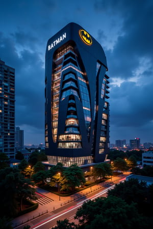 a modern home with clean look ,night lighting  , batman panthouse, batman logo on top of building
  ,modern design, detailed batman panthouse , dynamic view image ,noc-futuristic,street,city,F06ArchiAI