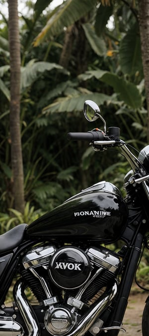 Against a lush, vibrant backdrop of a tropical forest, a sleek and iconic classic motorcycle stands majestically, its chrome accents glinting in the warm light. The camera captures this striking scene from a Dutch angle, emphasizing the curves of the bike as it appears to emerge organically from the dense foliage. With meticulous attention to detail, the 32K resolution renders every leaf, branch, and flower with lifelike realism, transporting the viewer into the heart of the tropical paradise.