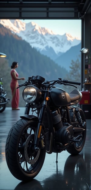 In a cinematic shot, a meticulously crafted cafe racer motorcycle stands proudly in a dimly lit garage and woman in saree in background, bathed in aesthetically pleasing lighting. The bike's black matte finish is flawless, showcasing intricate clubman bars and precisely detailed components. In the background, a serene snow-capped mountain range stretches towards the sky, adding depth to the composition. The motorcycle itself appears life-like, with perfectly rendered tires and suspension, as if it could roar to life at any moment. The image is a masterpiece of realism, achieving an uncanny level of detail in both the bike and its surroundings, with resolutions ranging from 32K to 4K.