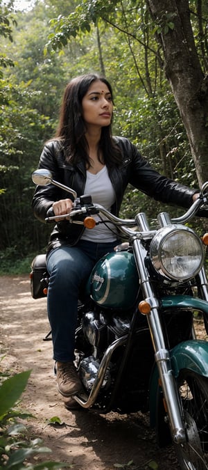 beautiful indian woman riding A vintage classic motorcycle  majestically amidst a lush tropical forest, with precise attention to detail. The bike's chrome accents glimmer under the warm sunlight, casting subtle shadows on the rich soil. In the background, the dense foliage of exotic plants and trees stretches upwards, their leaves rustling softly in the gentle breeze. The image is so detailed it appears 3D, as if you could reach out and touch the motorcycle's leather seat or the forest's intricate textures, image captured by Sony A7 IV 