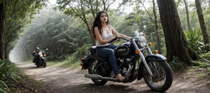 beautiful indian woman riding A vintage classic motorcycle  majestically amidst a lush tropical forest, with precise attention to detail. The bike's chrome accents glimmer under the warm sunlight, casting subtle shadows on the rich soil. In the background, the dense foliage of exotic plants and trees stretches upwards, their leaves rustling softly in the gentle breeze. The image is so detailed it appears 3D, as if you could reach out and touch the motorcycle's leather seat or the forest's intricate textures, image captured by Sony A7 IV 