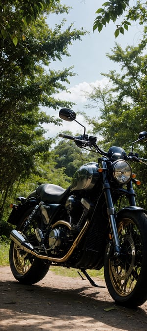 Capture a breathtakingly detailed image of a super motorcycle standing majestically amidst the lush foliage of a tropical forest. The camera frames the scene from a low angle, emphasizing the bike's sleek design and powerful presence. Lighting is warm and golden, with dappled shadows casting intricate patterns on the forest floor. In the background, a dense tangle of greenery stretches towards the sky, complete with towering trees, vibrant flowers, and exotic foliage. The motorcycle's chrome accents glint in the soft light, as if infused with an otherworldly sheen. Zoomed in at 32k, every rivet, nut, and bolt is rendered in stunning realism.