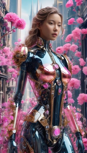 Imagine a beautiful cyborg with a translucent glowing glass body with pink flowers and clockwork completely visible through her translucent glass body walking through a futuristic city, flowy hair,  fantasy, work of beauty and complexity, 8k UHD, hyperdetailed ultrarealistic face, hazel eyes ,cyborg style,  glowing translucent glass, amber glow,steampunk style, glass body, 80mm digital photo , wide_hips,  translucent seethrough glass like body,Leonardo Style,FilmGirl, pov, looking_at_viewer