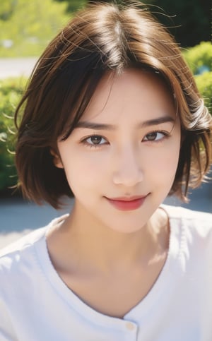 1girl, solo, looking at viewer, short hair, brown hair, shirt, black hair, brown eyes, closed mouth, collarbone, white shirt, upper body, outdoors, day, blurry, lips, blurry background, messy hair, realistic, nose