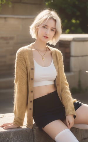 1girl, solo, looking at viewer, short hair, white hair, shirt, brown eyes, closed mouth, collarbone, jk skirt, outdoor, day, blur, lips, messy hair, reality, nose
Show
((Masterpiece)), (8k, photorealistic, RAW photo, best quality: 1.4), beautiful face, (realistic face), short side cascading hairstyle, hair strands, realistic eyes, detailed eyes , (realistic skin), beautiful skin, fair skin, sparkling skin, slender chest, (red cardigan embroidered with gold thread and caliber font sentences), stone cross bracelet, navel visible, short tights, camel toe, absurd, attractive, ultra high definition, surreal, highly detailed, close-up, low angle photo shot